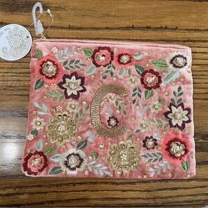 Pink Velvet Floral Embroidered Pouch/Clutch